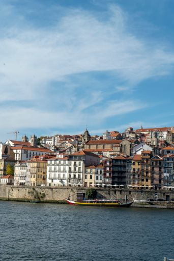 A beautiful view of buildings and river with boats under the blue sky