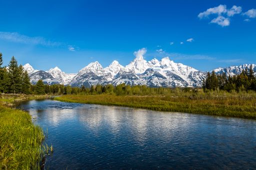 A scenic view of the "Snake River Overlook" and Grand Teton in Yellowstone National Park, Wyoming
