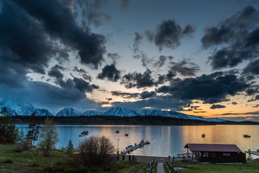 A sunset view of Jackson Lake from the Signal Mountain Lodge, Yellowstone National Park, Wyoming, USA