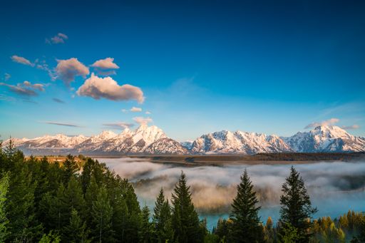 A scenic view of the "Snake River Overlook" and Grand Teton in Yellowstone National Park, Wyoming