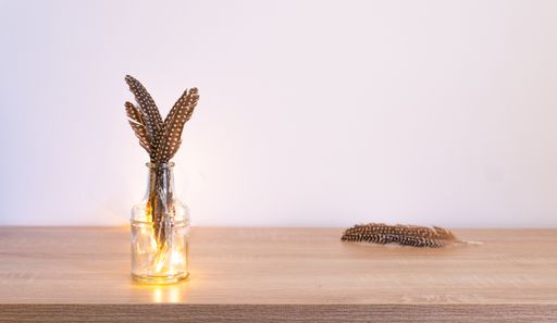 A shot of a couple of feathers stacked together and placed in a glass vase, while the remaining one is placed right on the wooden table