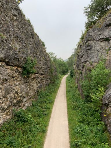 A vertical shot of a narrow pathway surrounded by rocks and greenery in the countryside