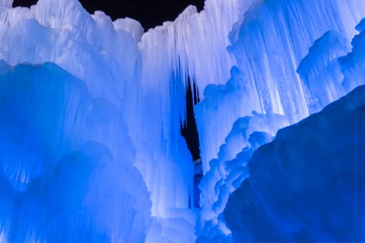 A beautiful view of the mysterious Ice Castle at night, Utah, USA