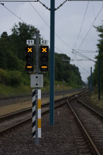 A vertical closeup of two yellow stop signs at the train railway