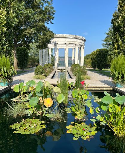 A serene garden scene with a classical white rotunda, vibrant water lilies, and lush greenery under a clear blue sky.