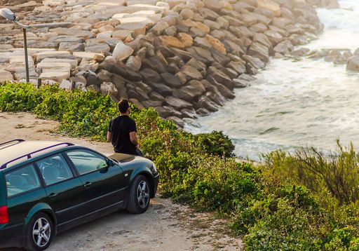 A man in a black shirt from his back admiring the ocean on the hood of the car