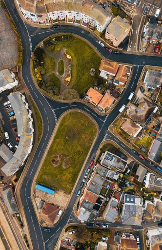 A vertical aerial overhead shot of the city streets