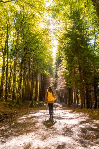 A young woman hiker enjoying trekking at sunset in Ochagavia, Spain