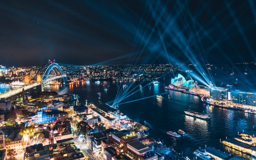 A bright Sydney city during a Vivid Festival at night, Australia