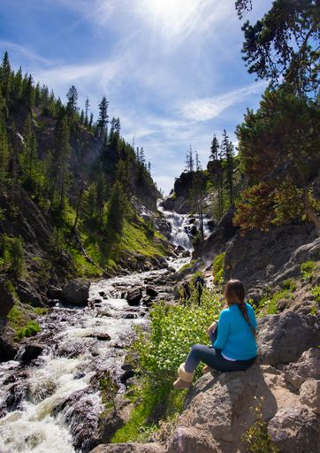 A rear view of a woman hiker resting in Yellowstone National Park, USA
