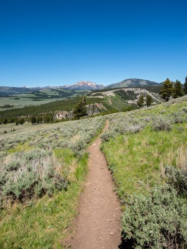 A vertical shot of unpaved road on a hilly terrain under a blue sky