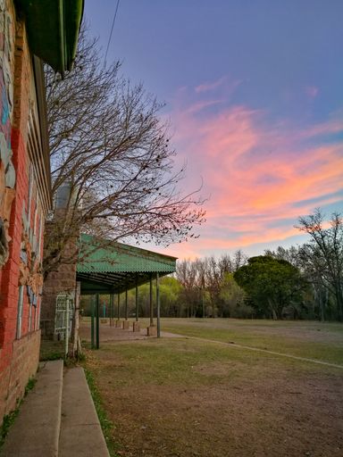 A vertical shot of buildings and trees in autumn under a clear sky at sunset