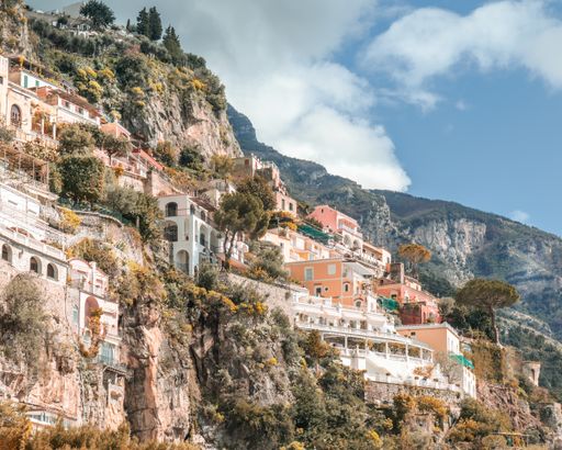 A low angle shot of the buildings and houses in Amalfi Coast captured in Italy