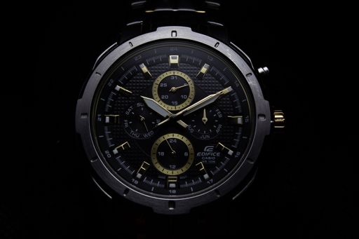 The Edifice by Casio, a chronograph watch on a black background