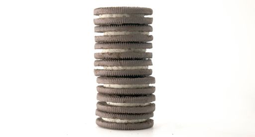 A stack of sandwich chocolate cookies, isolated on a white backdrop