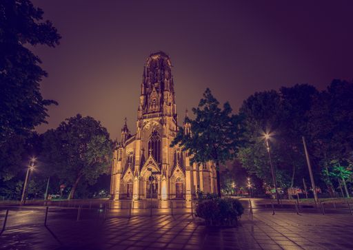 A beautiful view of Johanneskirche in Stuttgart during the night