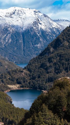 A vertical shot of the lake between green mountains. Futaleufu, Los Lagos, Chile.