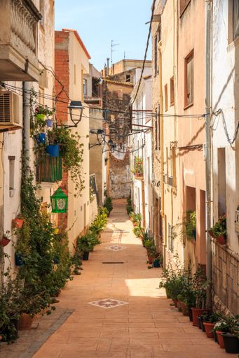 A narrow street through the buildings in Tortosa, Spain