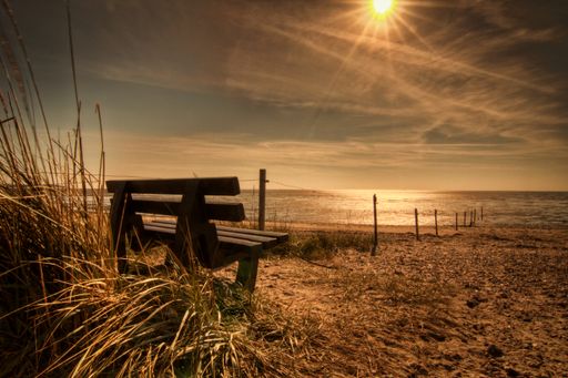 A beautiful shot of a bench on the seashore in the morning