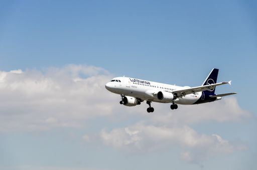 A view of Lufthansa airline Airbus A320 plane landing at Josep Tarradellas Barcelona-El Prat airport