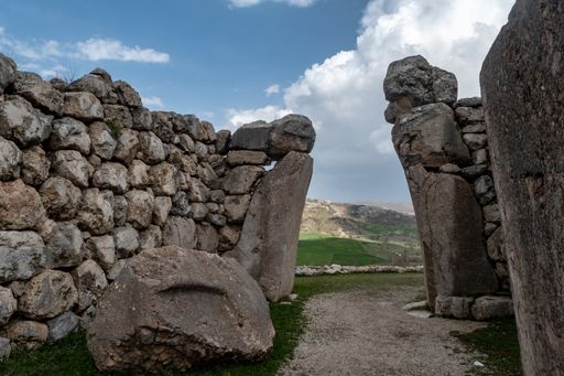 A beautiful shot of old Hittite stone walls and an open gate in Anatolia, Corum Turkey