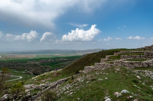 A shot of the ruins of old Hittite stone walls and archeological findings in Anatolia, Turkey