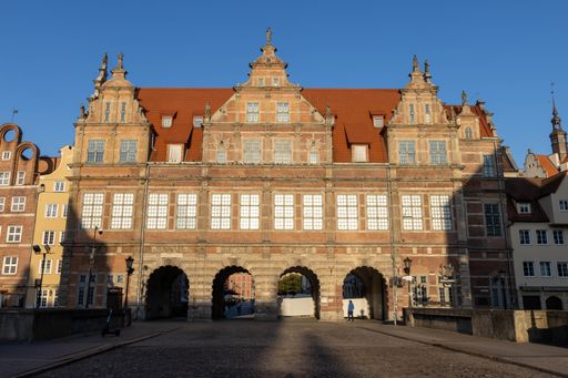 The main Green gate leading to the old town against a clear blue sky in Gdansk, Poland