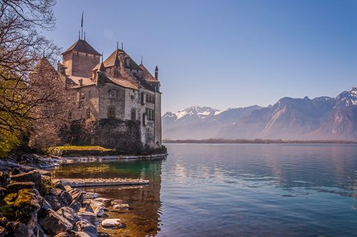 An amazing view of the Castle of Chillon in Villeneuve, Switzerland