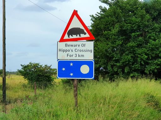 A beautiful view of the road sign with the writing of beware of hippos crossing for 3 km
