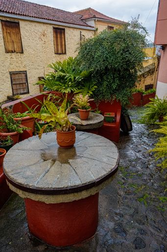A vertical shot of a balcony with a table and a lot of beautiful green plants