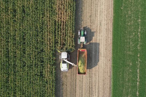 An aerial view of a tractor harvesting corn in a field, showcasing agricultural machinery and farming process.