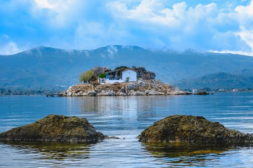 A beautiful scenery of the small island of Saint Isidoros located at Gera gulf, Lesvos, Greece