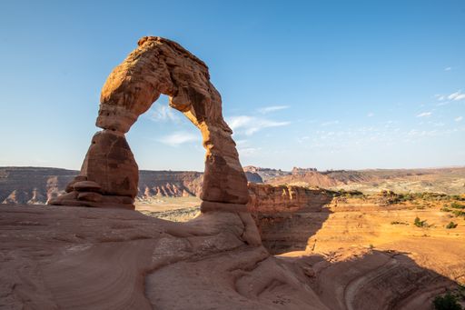 A view of famous Arches National Park in Utah, United States under a cloudless sky