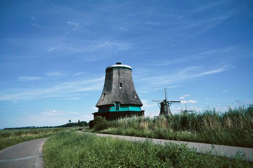 Traditional Dutch windmills set against a clear blue sky in a serene countryside landscape.