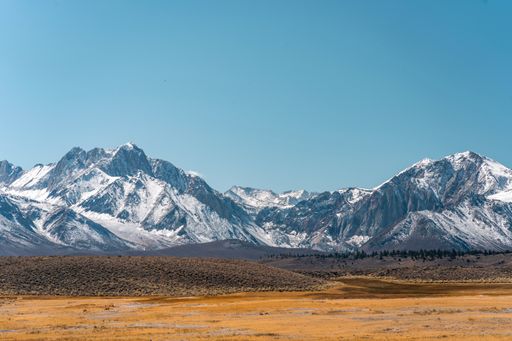 A beautiful view of snowy mountains over the semi-dry field against a clear blue sky on a sunny day