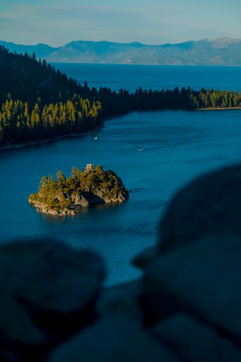 A breathtaking view of Emerald Bay on the lake Tahoe with dense forest in the background in USA