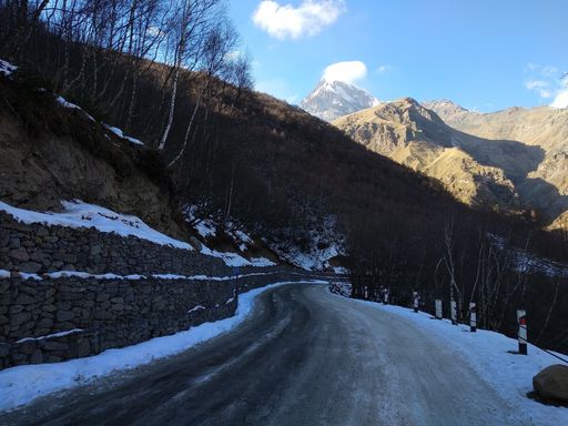 A view of Mount Kazbek from the road in Stepantsminda, Georgia