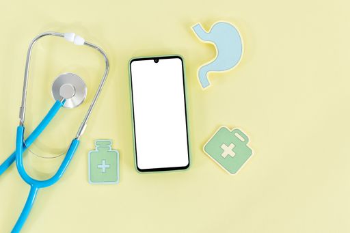 A closeup of the medical equipment on the table. Top view. Workplace of a doctor.