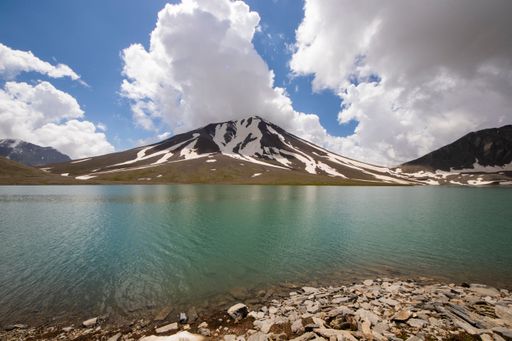 Scenic view of a serene mountain lake with snow-capped peaks under a partly cloudy sky, capturing the beauty of nature.