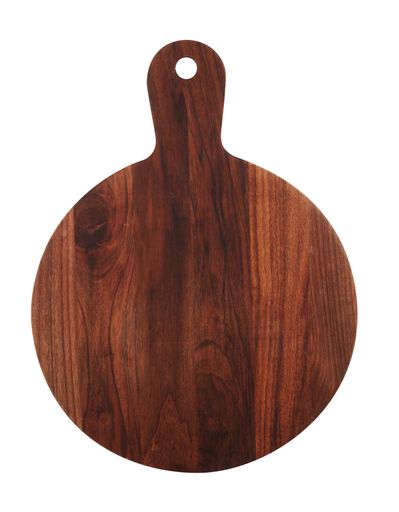 A vertical shot of a dark wooden cutting board isolated on a white background
