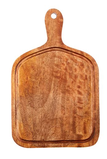 A vertical shot of a wooden cutting board isolated on a white background