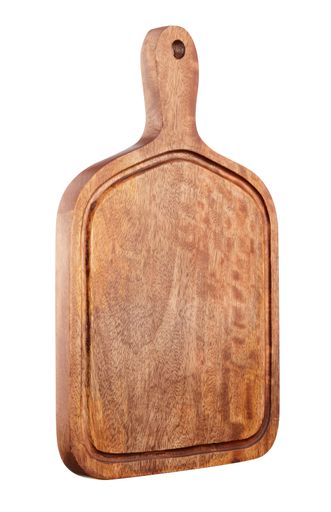 A vertical shot of a wooden cutting board isolated on a white background