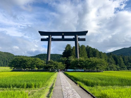 A large torii gate stands majestically in a lush green field under a partly cloudy sky in Japan.