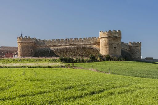 A beautiful old brick castle on a grass-covered field under the clear blue sky