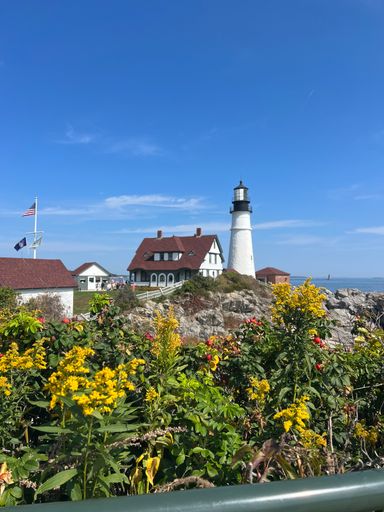Scenic view of Portland Head Light in Maine with vibrant yellow flowers and a clear blue sky.