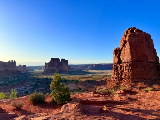 Massive sandstone buttes and plateaus stretch across a vibrant canyon floor in this dramatic desert scene. Captured at golden hour in vivid tones.