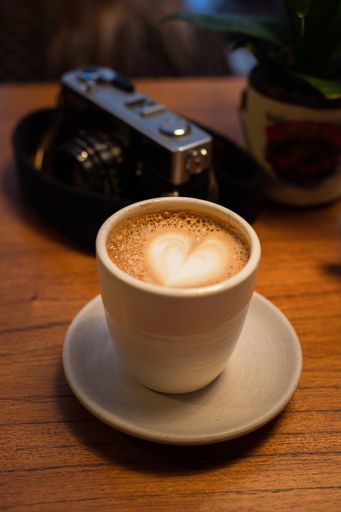 A vertical shot of a cup of cappuccino on the table with a vintage camera on it in a cafe