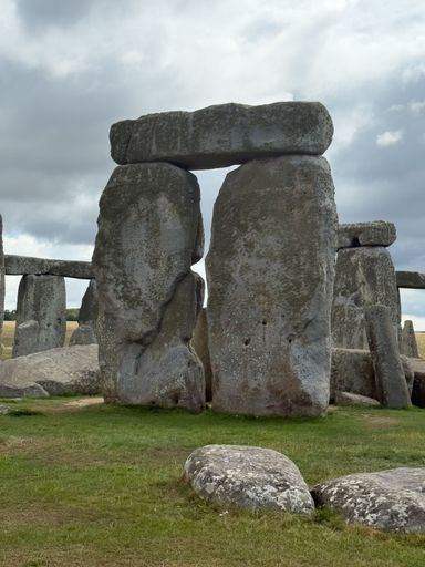 Iconic Stonehenge monument under a cloudy sky, showcasing ancient stone architecture in Wiltshire, England.