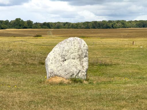 A solitary standing stone in a vast open field under a partly cloudy sky, capturing the essence of ancient landscapes.