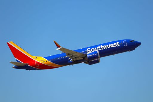 A view of Southwest Airlines Boeing 737 MAX 8 taking off from San Jose International Airport, heading to Seattle